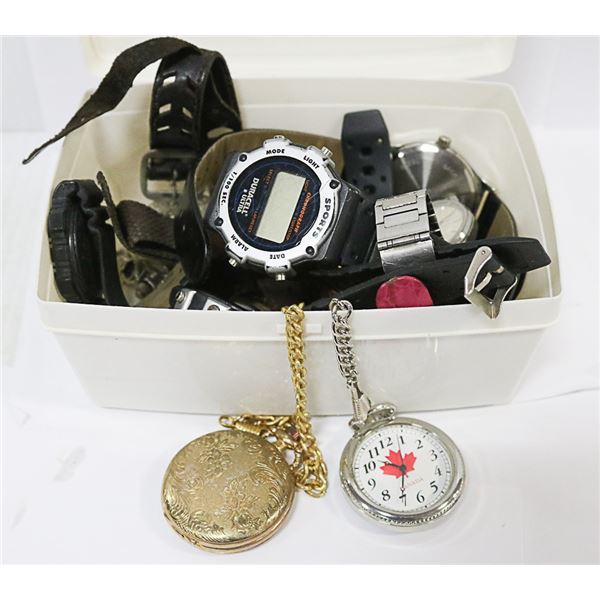 PLASTIC CONTAINER WITH SEVERAL WATCHES INCL 2