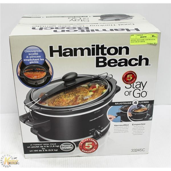 NEVER USED HAMILTON BEACH 4L STAY OR GO CROCK