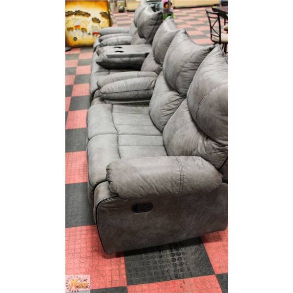 GREY FABRIC RECLINING SOFA, LOVESEAT,AND CHAIR
