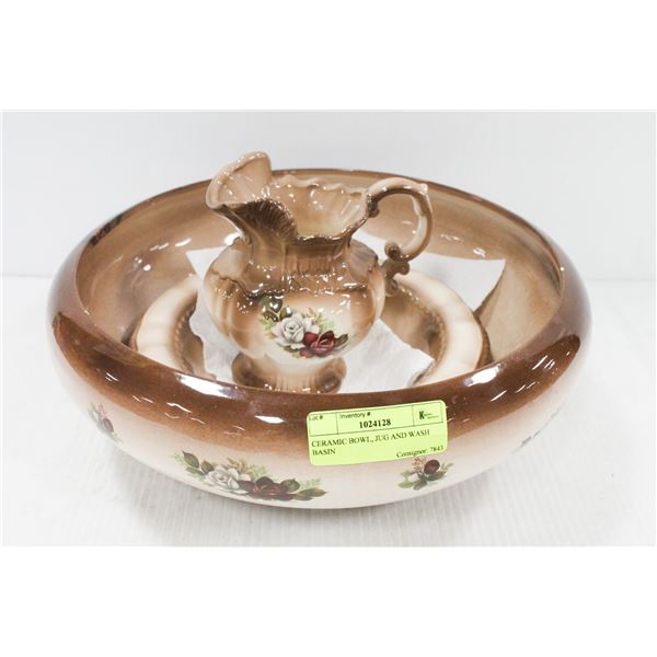 CERAMIC BOWL, JUG AND WASH BASIN