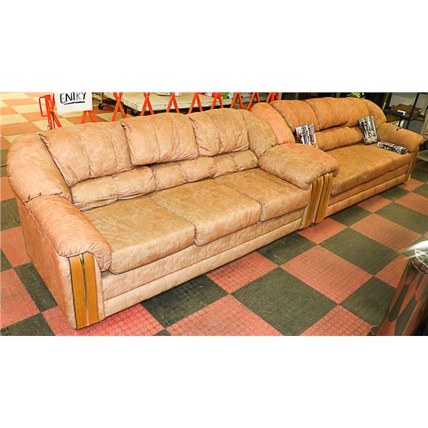LIGHT BROWN OAK TRIM PAIR OF SOFAS