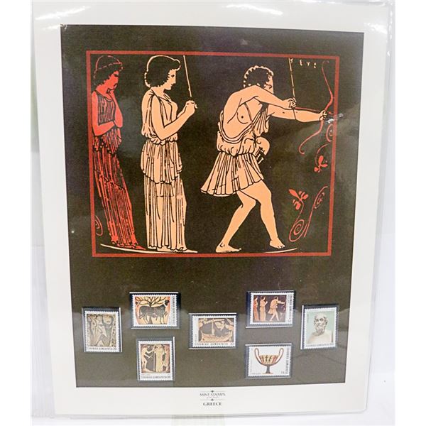 UNFRAMED ART PRINT WITH MINT GREEK STAMPS