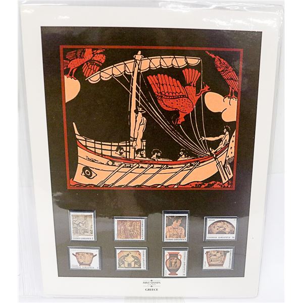 UNFRAMED ART PRINT WITH MINT GREEK STAMPS