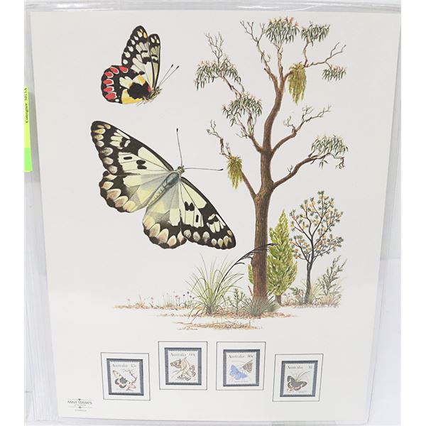 UNFRAMED BUTTERFLY BIRD PRINT W/STAMPS