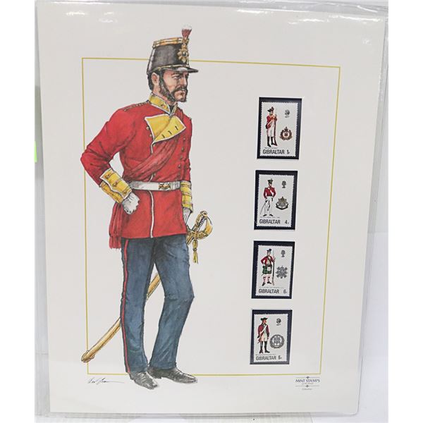 UNFRAMED MILITARY PRINT WITH GIBRALTAR STAMPS