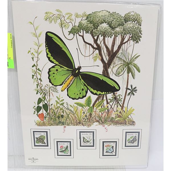 UNFRAMED BUTTERFLY BIRD PRINT W/STAMPS