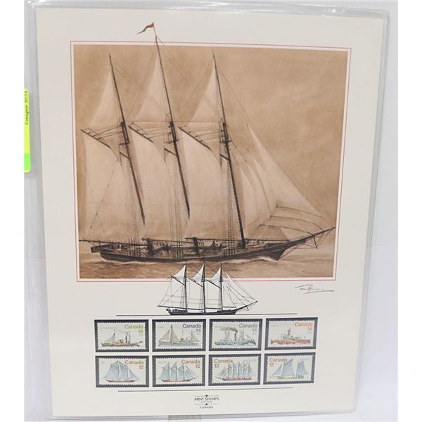 UNFRAMED SAILING SHIP PRINT WITH CANADA STAMPS