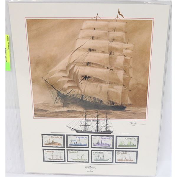 UNFRAMED SAILING SHIP PRINT WITH CANADA STAMPS