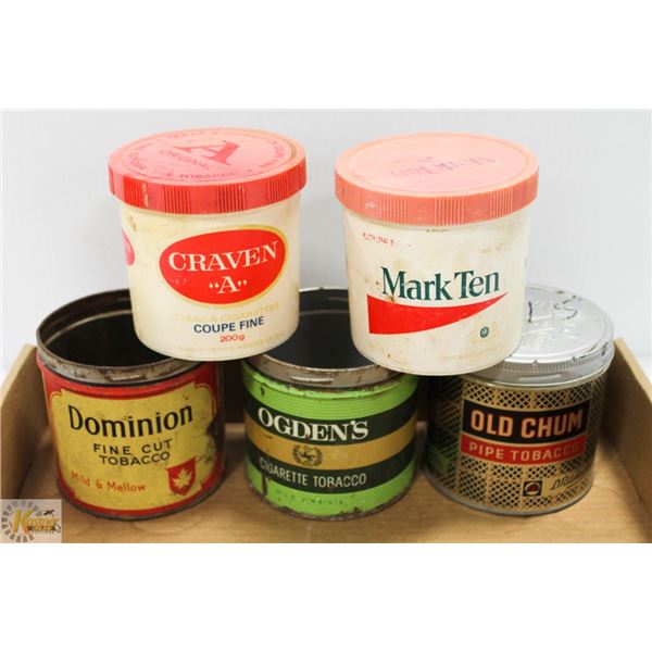 FIVE ASSORTED ANTIQUE/VINTAGE TOBACCO TIN