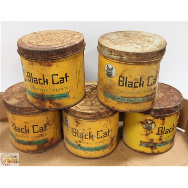 FIVE ANTIQUE BLACK CAT TOBACCO TINS WITH LID