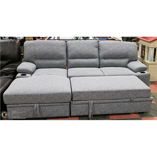 GREY FABRIC SECTIONAL WITH HIDE-A-BED