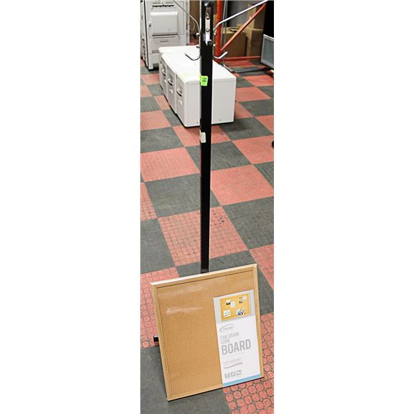 METAL COAT RACK AND NEW CORK BOARD