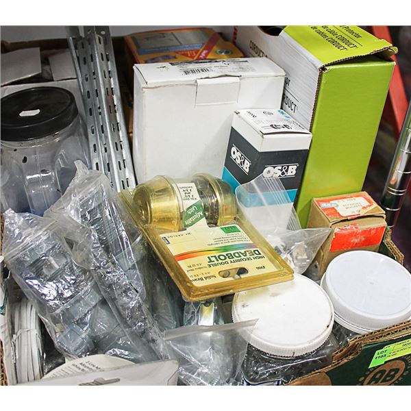 BOX OF BUILDING SUPPLIES AND HARDWARE