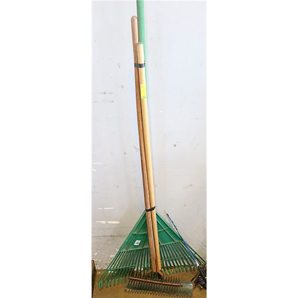 LOT OF 2 GARDEN AND 1 LEAF RAKES