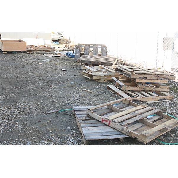 LARGE LOT OF ASSORTED WOOD PALLETS, MUST BE REMOVE
