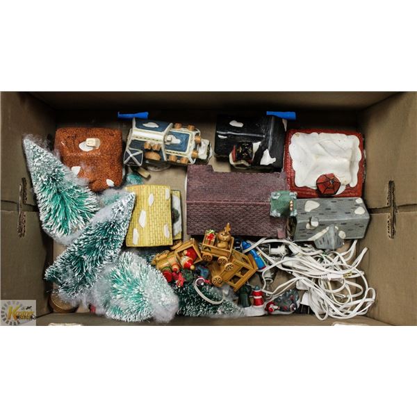 CHRISTMAS VILLAGE -7 BUILDINGS, 6 TREES 9 FIGURES,