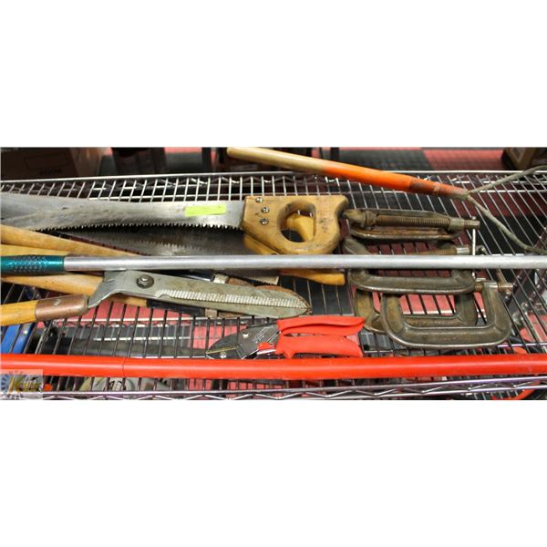 LOT OF HAND TOOLS, SAWS, CLAMPS ETC