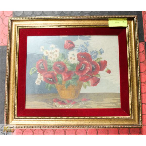 FRAMED NEEDLEWORK - POPPIES IN A VASE