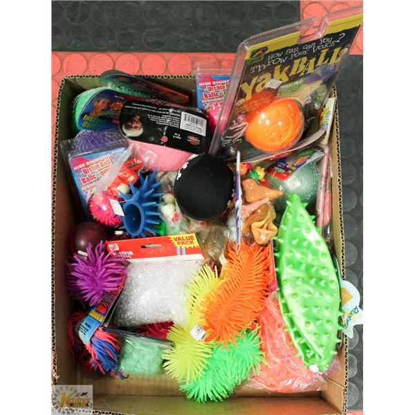 BOX OF NEW ASSORTED BALLS AND TOYS