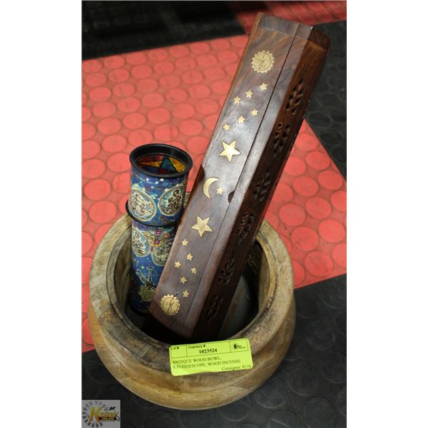 ANTIQUE WOOD BOWL, KALEIDESCOPE, WOOD INCENSE WITH