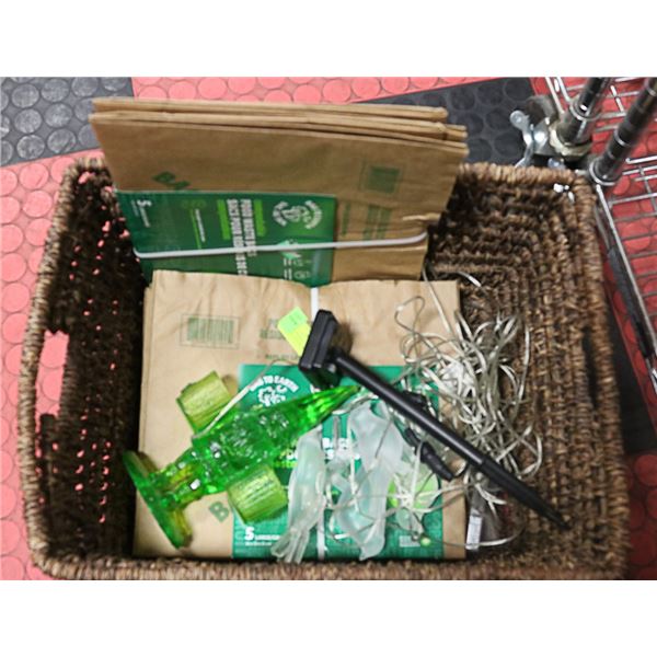 WICKER BASKET W/ GNOME PLANTER, SOLAR BIRD LIGHTS