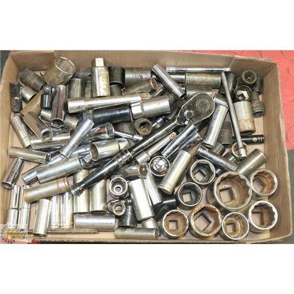 BOX OF ASSORTED SOCKETS AND EXTENSIONS
