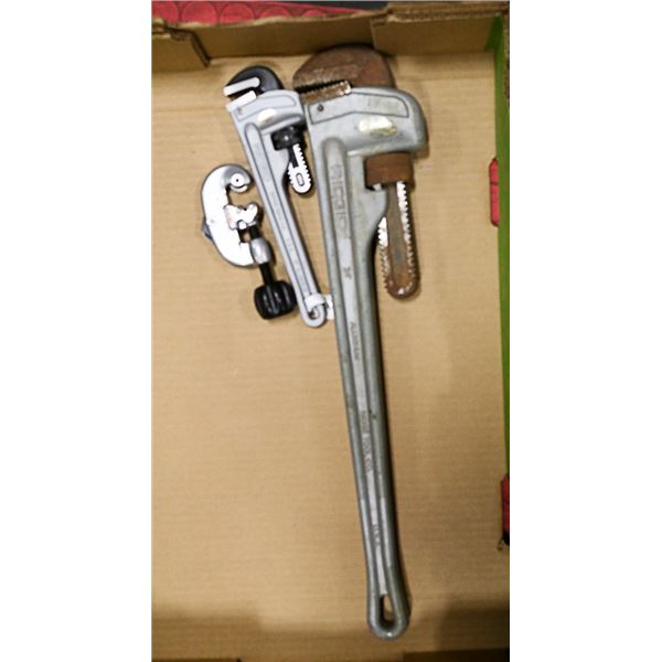 2 RIDGID ALUMINUM PIPE WRENCHES AND PIPE CUTTER