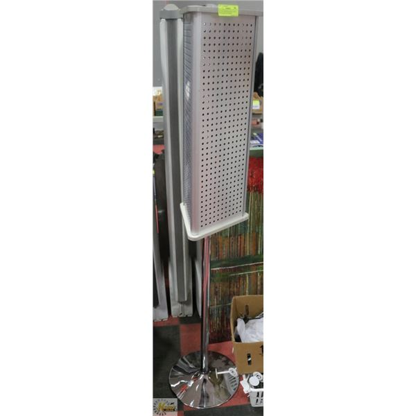 SILVER STANDING RETAIL STAND WITH BASKET OF HOOKS