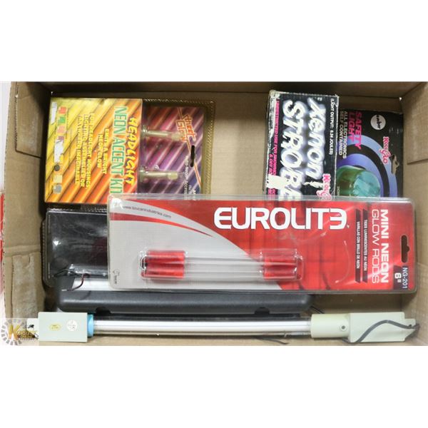 TRAY OF MISC. 12V NEON, 6" & 9" TUBES, STROBES