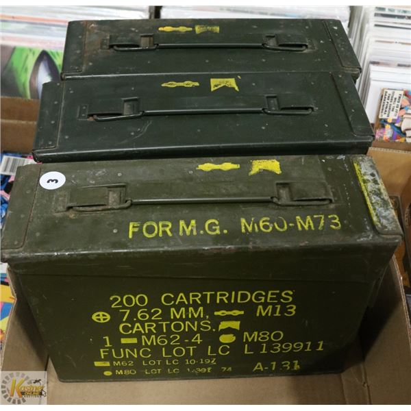 THREE (3) METAL MILITARY MARKED AMMUNITION CANS