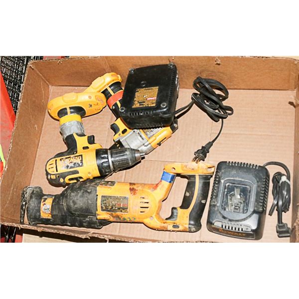 2 DEWALT DRILLS 1 RECIPROCATING SAW, 2 CHARGERS
