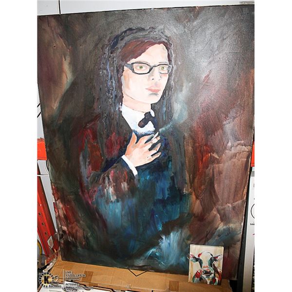 GREEN EYED MAN PAINTING 36X48 AND SMALL COW