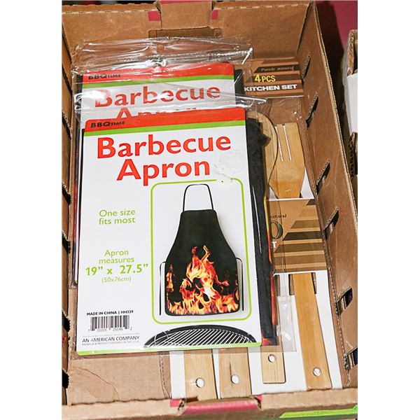 OUTDOOR BBQ COOKING LOT 2 APRONS & BAMBOO