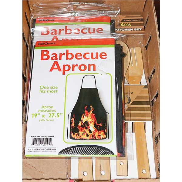 OUTDOOR BBQ COOKING LOT 2 APRONS & BAMBOO