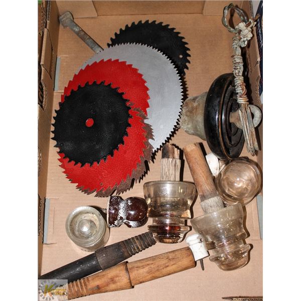 VINTAGE INSULATORS AND FIVE PAINTED SAWBLADES