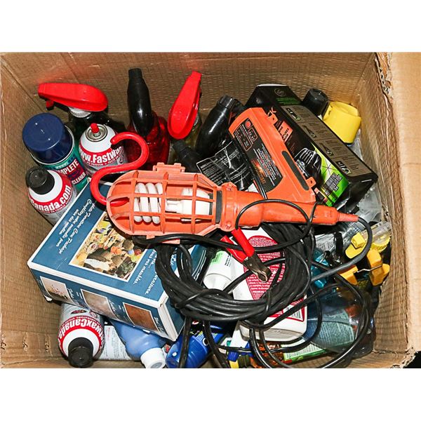 BOX OF CAR CLEANING AND REGULAR CLEANING SUPPLIES