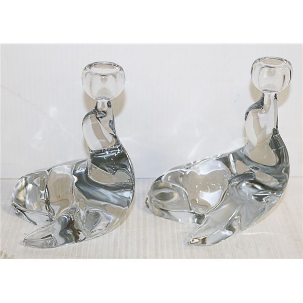 PAIR OF GLASS SEAL CANDLE HOLDERS