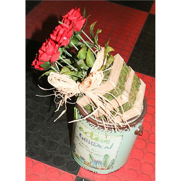 POTTERY CACTUS GARDEN PAINT POT & RED ROSES