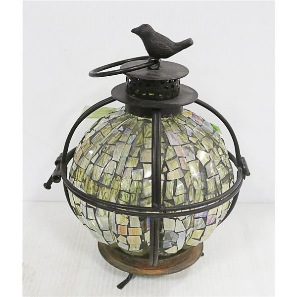 BLACK METAL AND GLASS DOME W/ BIRD ON TOP