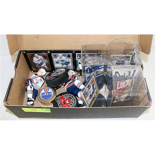 BOX LOT OF HOCKEY CARDS, PUCKS SIGNED & MCDAVID