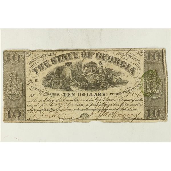 1864 MILLEDGEVILLE, THE STATE OF GEORGIA $10