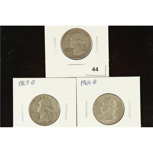 1960-D, 63-D & 64-D WASHINGTON SILVER QUARTERS