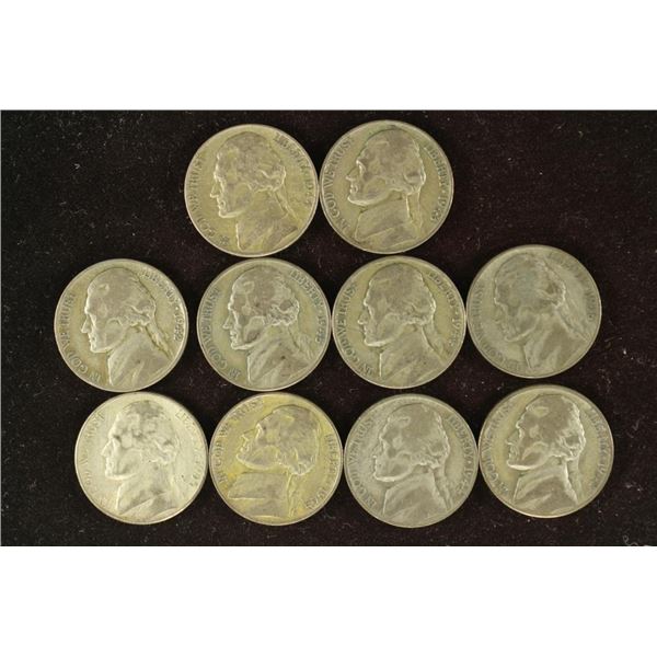 10 ASSORTED 35% SILVER JEFFERSON WAR NICKELS