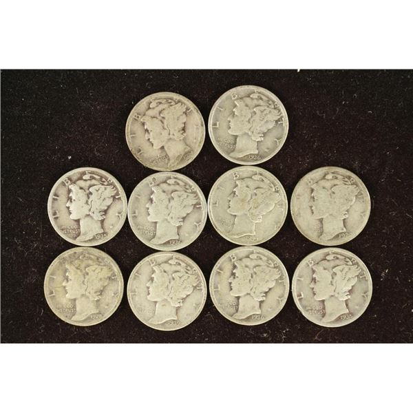 10 ASSORTED 1920'S & 1930'S MERCURY DIMES