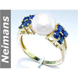 Certified 9 MM Akoya Pearl & Blue Sapphire Ring 14kt