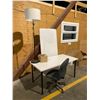 Image 2 : TABLE, ROLLING CHAIR, FLOOR LAMP, BOX WITH CONTENTS