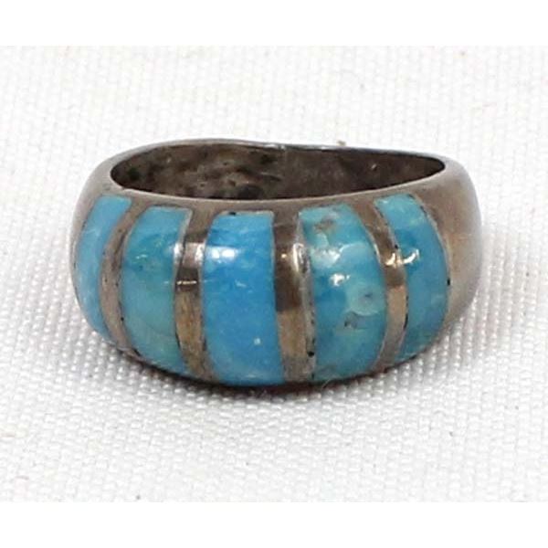 Zuni Old Pawn Sterling Inlay Turquoise Ring, 8.5