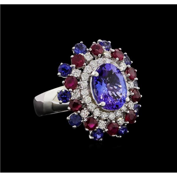 14KT White Gold 3.58 ctw Tanzanite, Sapphire, Ruby and Diamond Ring