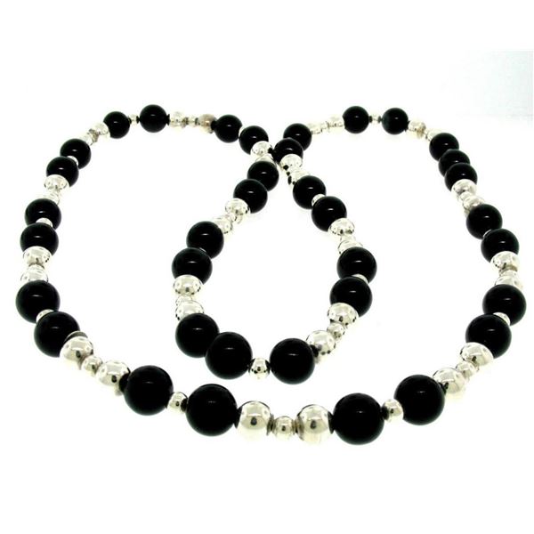 Tiffany & Co. Sterling Silver & Black Onyx Graduated Bead Ball Long 32" Necklace