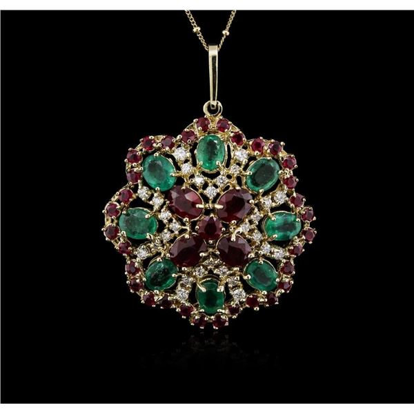 14KT Yellow Gold 11.78 ctw Ruby, Emerald and Diamond Pendant With Chain